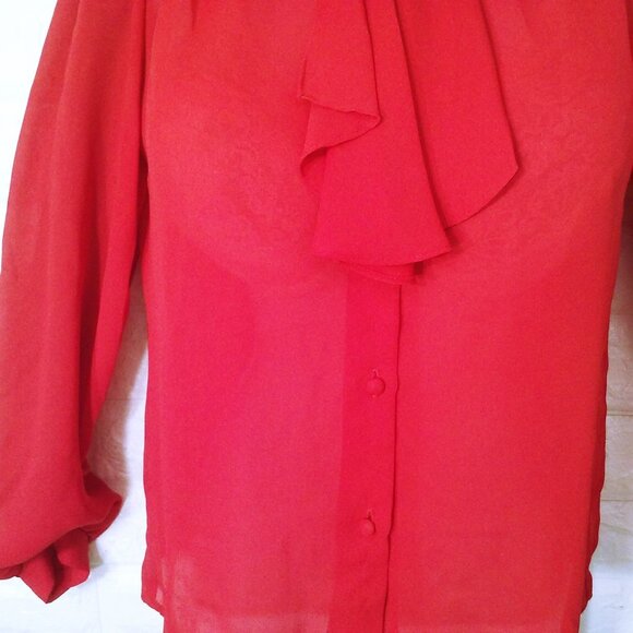 Vintage 80s Mariel High-Neck Cravat Blouse Top (6) Semi-Sheer Polyester Crepe - Picture 3 of 12